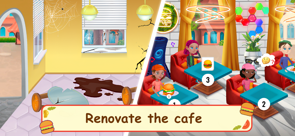 Burger Cafe – Cooking Games - 허름한 카페를 현대적인 레스토랑으로 개조하기 전후 단계를 보여주는 분할 화면