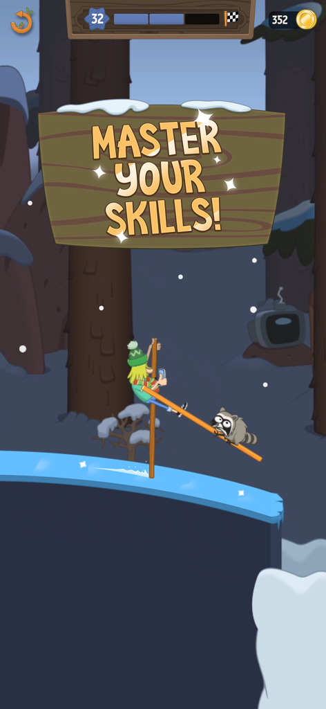 Walk Master - Un personaje equilibrándose sobre un zanco en una plataforma helada en un nivel de bosque nevado con un mapache.