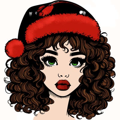 realistic girl with a santa hat curly hair and lips