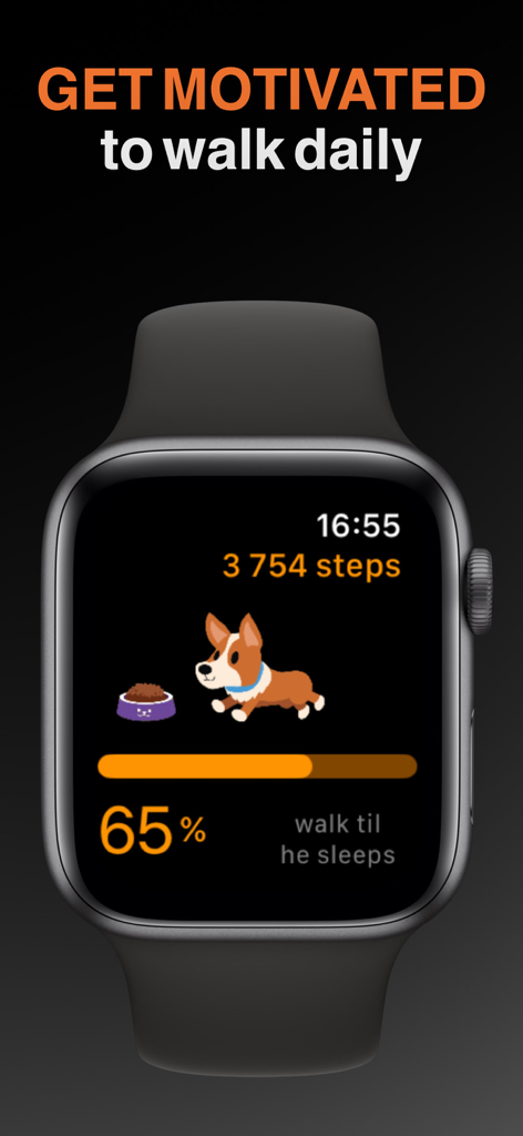 StepDog: Step Counter with Dog - StepDog app interface on an Apple Watch showing a virtual dog, step count of 3754, and a 65 percent daily goal progress bar.