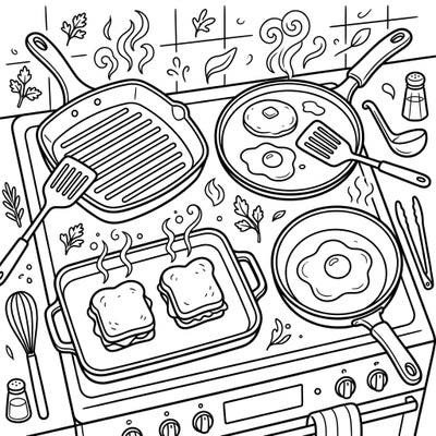 Explore a delightful kitchen scene with our Grill Pans & Griddles coloring page, featuring various cooking pans, delicious breakfast items, and essential utensils. This intricate design invites you to bring a vibrant culinary world to life with your favorite colors.