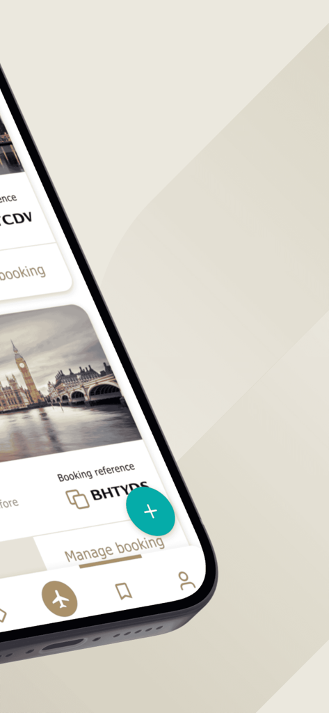 Gulf Air - Mobile screen of the Gulf Air app showing the manage booking interface with travel details