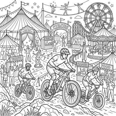 Experience the thrill of mountain biking amidst the festive chaos of a carnival. This unique coloring page combines high-energy adventure with the whimsical charm of circus tents and classic fairground attractions.