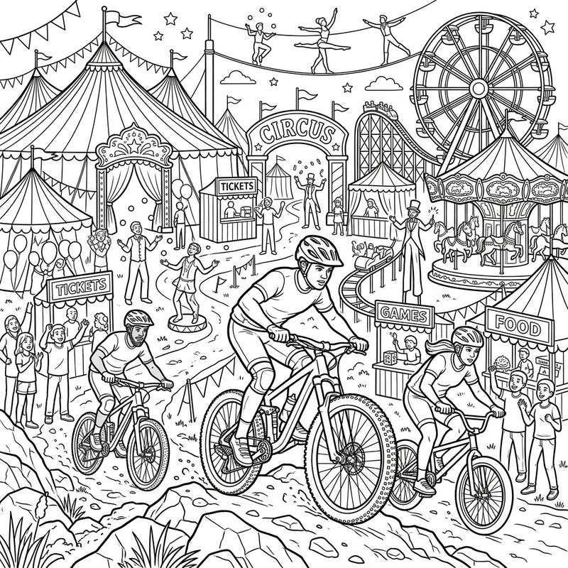 Experience the thrill of mountain biking amidst the festive chaos of a carnival. This unique coloring page combines high-energy adventure with the whimsical charm of circus tents and classic fairground attractions.
