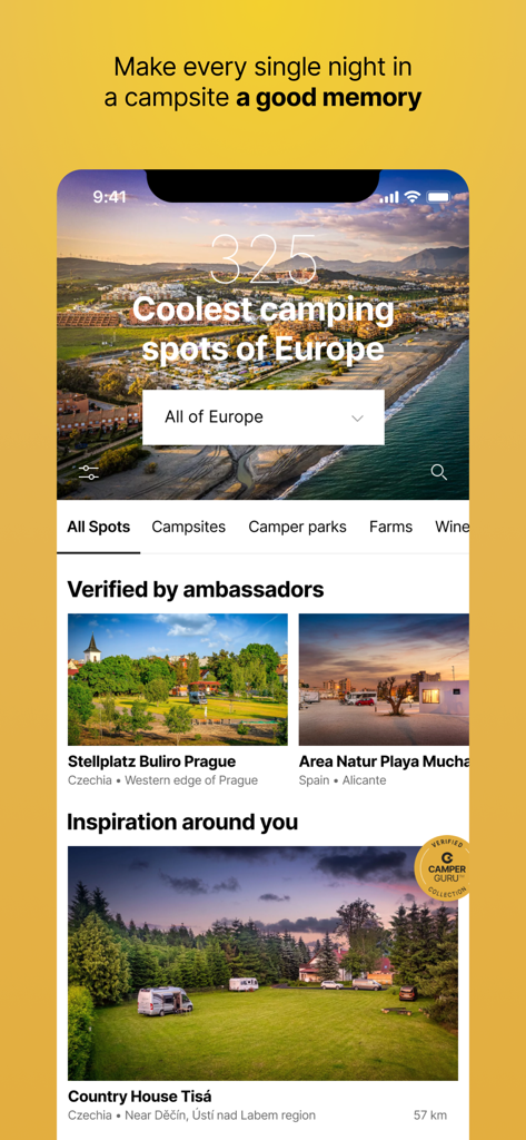Camperguru — best spots - Camperguru app home screen showing verified camping spots and travel inspiration