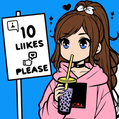 girl with a high ponytail and a hoodie drinking boba staring at a sign saying 10 likes please