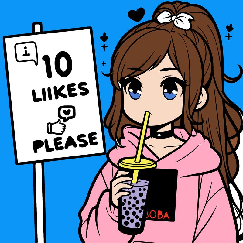 girl with a high ponytail and a hoodie drinking boba staring at a sign saying 10 likes please