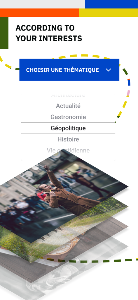 Interface montrant divers sujets d'apprentissage du français comme la géopolitique et l'histoire à choisir en fonction des intérêts personnels.