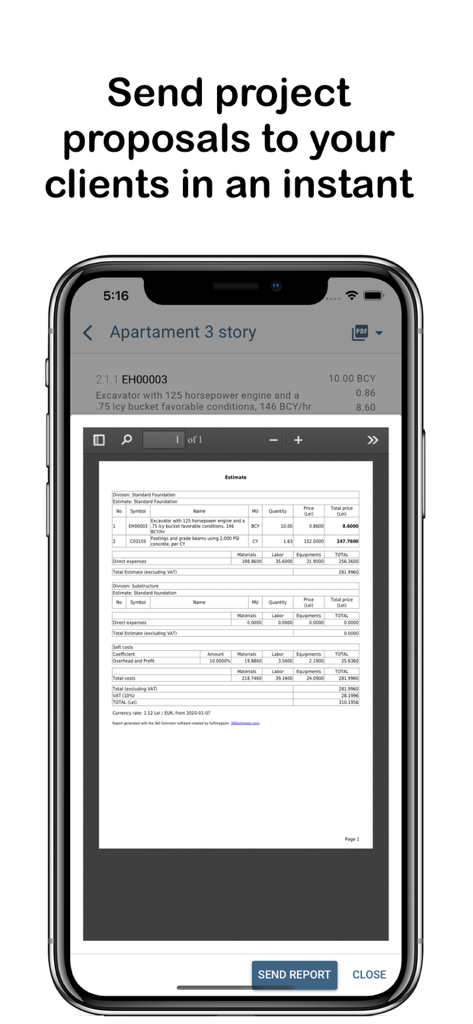 Deviz AR - A construction project estimate and proposal report being reviewed on a mobile device within the Deviz AR app.