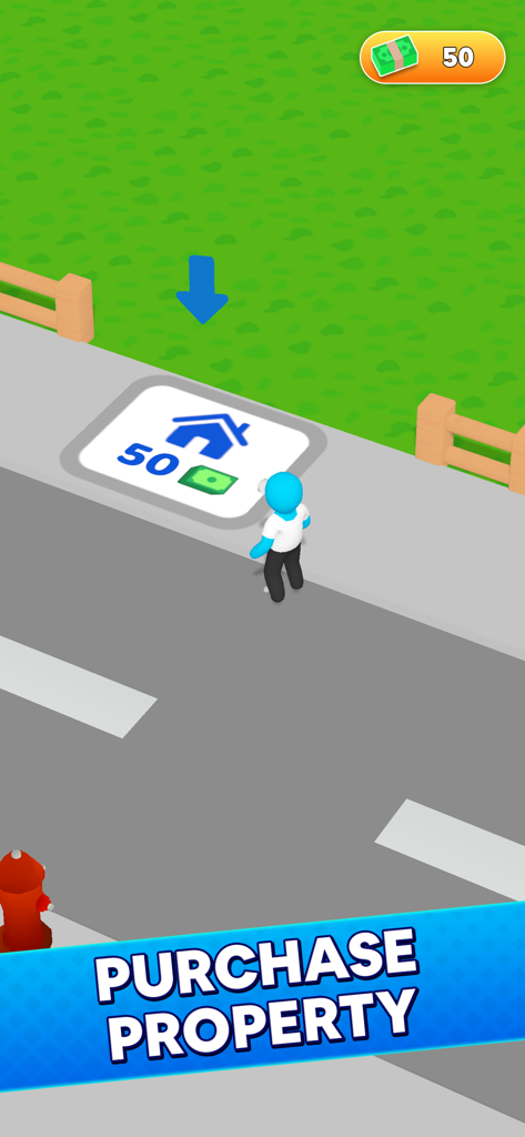 Be My Guest Landlord Sim의 캐릭터가 50코인으로 새 부동산을 구매하기 위해 타일 위에 서 있습니다.