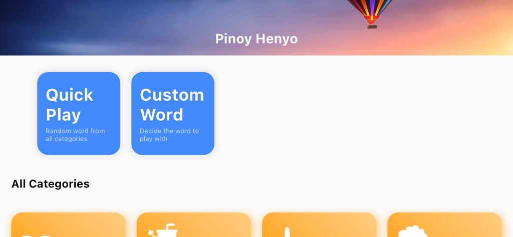 Pinoy Henyo Word Game app interface displaying Quick Play and Custom Word game modes