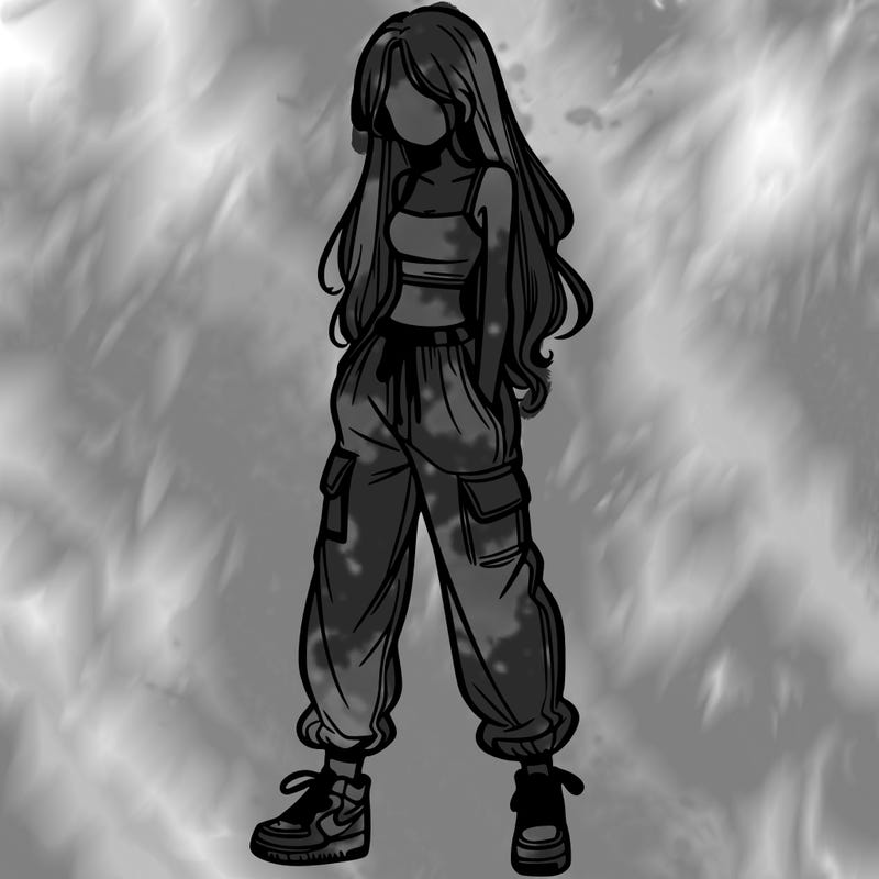 girl in baggy pants crop top and long hair