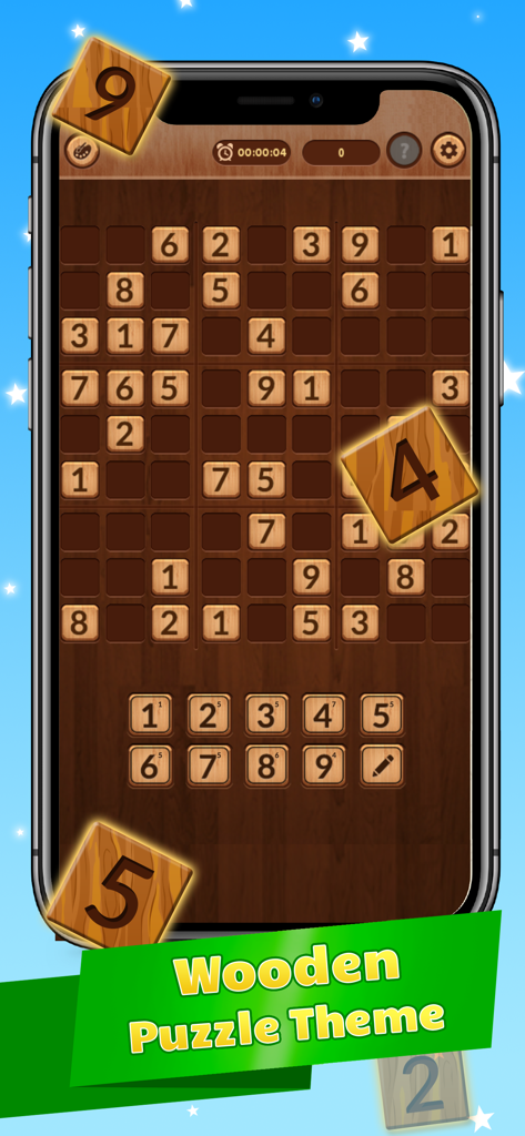 Sudoku IQ - Train your Brain - Sudoku IQ game interface featuring a classic wooden puzzle theme with tactile number tiles on a mobile screen.