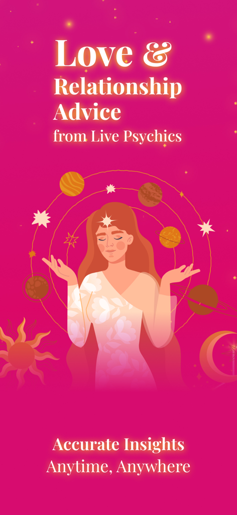 Psychic Reading Prediction - Pantalla de aplicación de lectura psíquica ofreciendo consejos en vivo sobre amor y relaciones con gráficos cósmicos espirituales