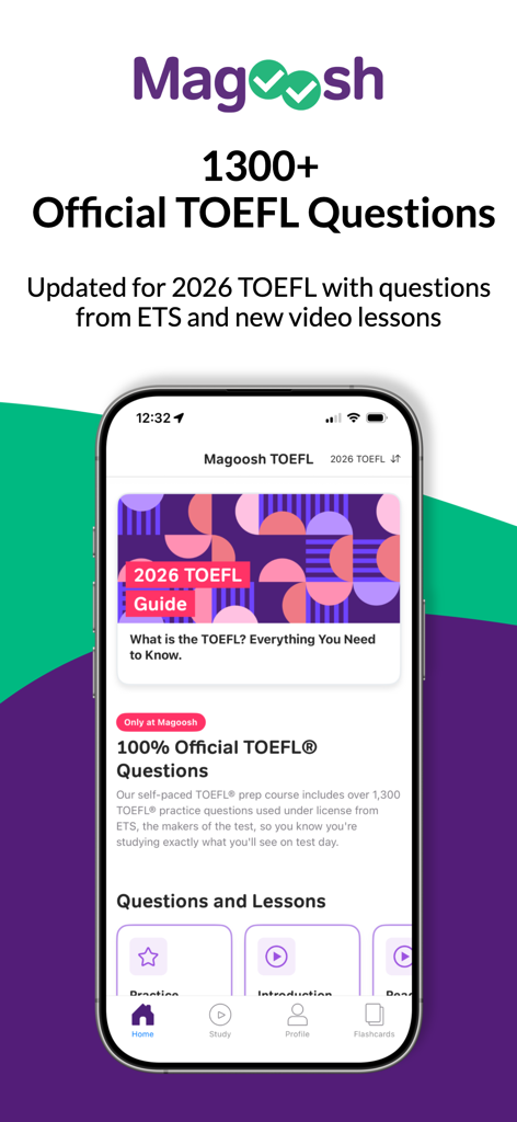 Magoosh TOEFL Prep app interface featuring official ETS questions and a 2026 study guide