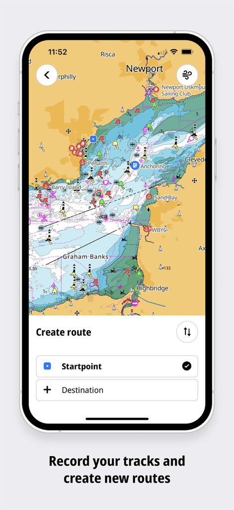 Lowrance: app for anglers - Interface de l'application Lowrance pour la création d'itinéraires de pêche sur une carte nautique détaillée.
