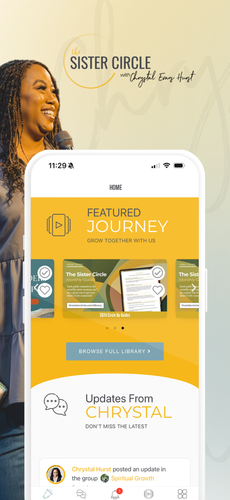 The Sister Circle Online - Página de inicio de la aplicación The Sister Circle Online con Chrystal Evans Hurst y recursos de crecimiento basados en la fe