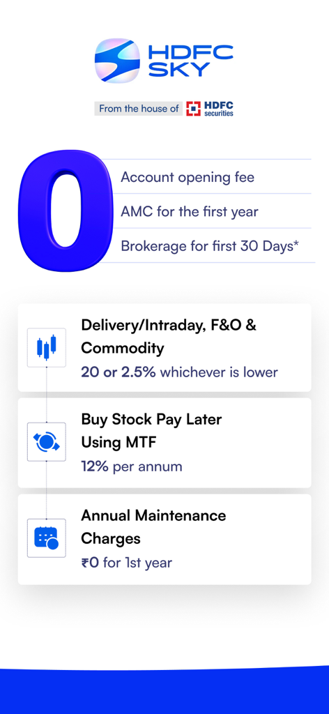 HDFC SKY: Stocks MF IPO Demat - HDFC SKY app promotional screen showing zero account opening fees and AMC for the first year.