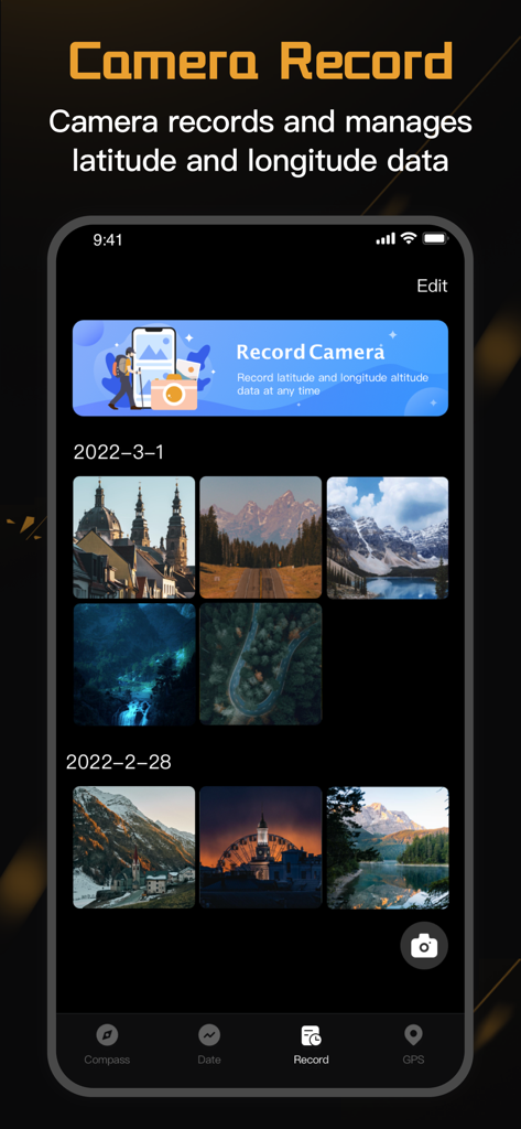 compass-latitude and longitude - Interface showing a photo gallery within the compass app with recorded latitude and longitude data for each image