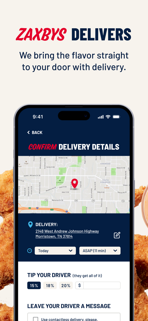 Zaxbys - Zaxbys app screen showing delivery address confirmation with map tip options and contactless delivery selection