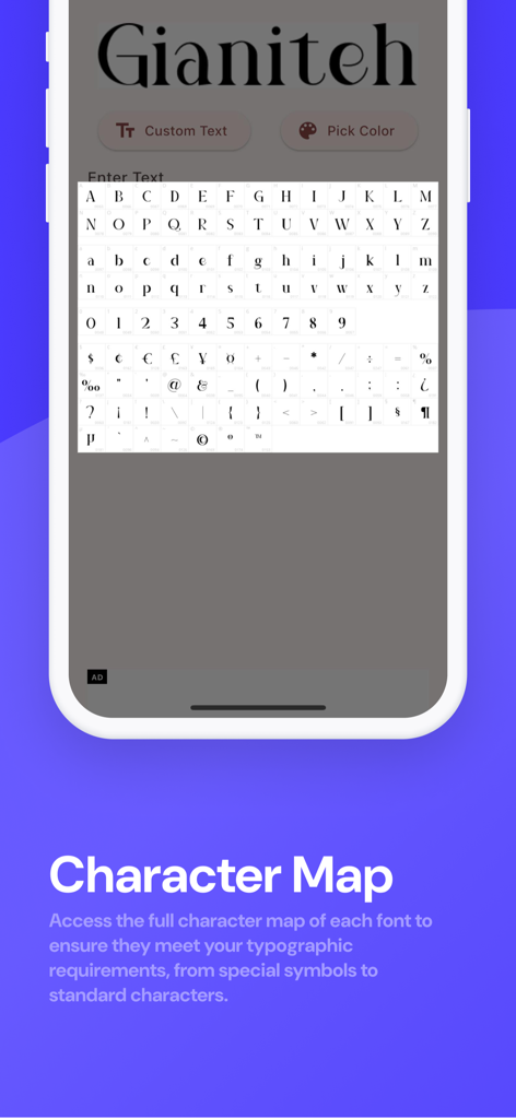 DaFonts - Fonts Downloader - Interface do aplicativo DaFonts mostrando um mapa de caracteres de fonte com símbolos e letras.