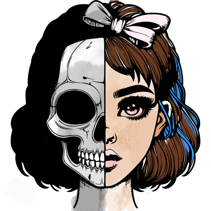 realistic girl with half skull mask