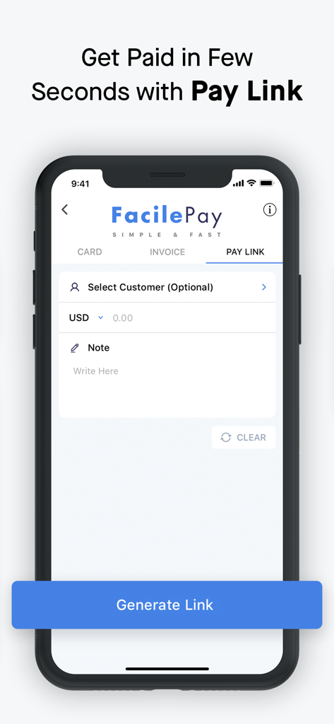 FacilePay mobile app interface showing the screen to generate a Stripe payment link for customers