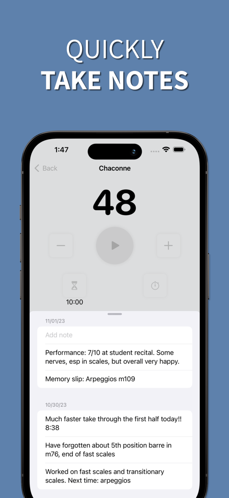 Interfaccia dell'app Mujo che visualizza un diario di pratica musicale con note datate e un'impostazione del metronomo.