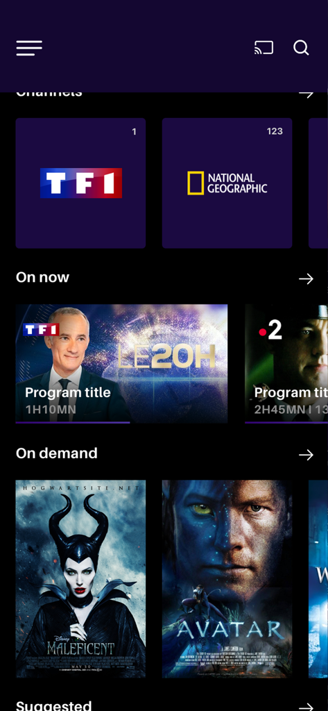 Cablevision+ - Écran d'accueil de l'application Cablevision Plus montrant les chaînes en direct et les films à la demande