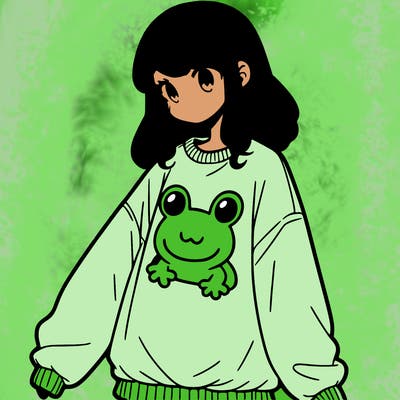 girl wearing frogging sweatshirt