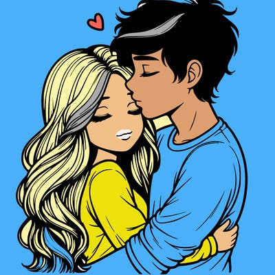a realistic couple boy and girl hugging and kissing