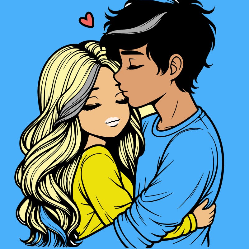 a realistic couple boy and girl hugging and kissing