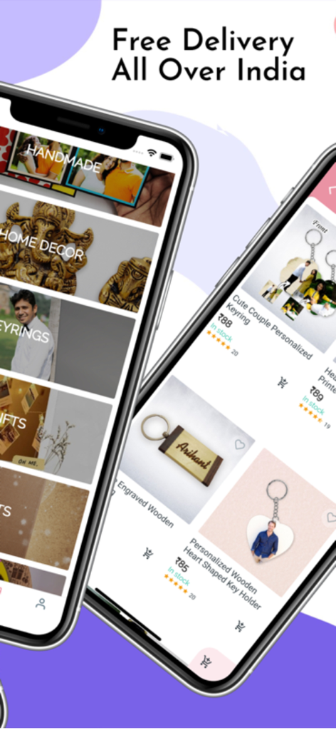 Indidecor - 조각된 열쇠고리 및 가정 장식과 같은 맞춤 선물 항목을 보여주는 Indidecor의 모바일 앱 인터페이스