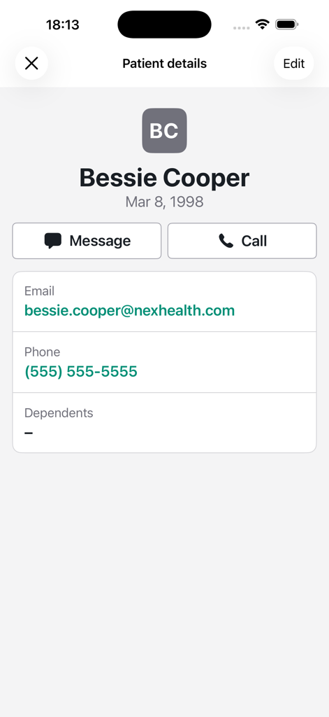 NexHealth app screen displaying patient contact information and communication options