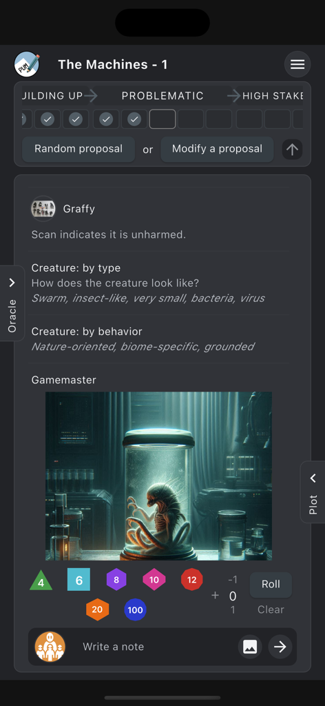 PUM Companion RPG Storytelling - Interface de l'application PUM Companion affichant une session JdR solo de science-fiction avec des contrôles de dés