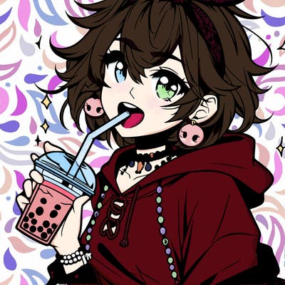 hot baddie anime girl drinking boba and biting the straw