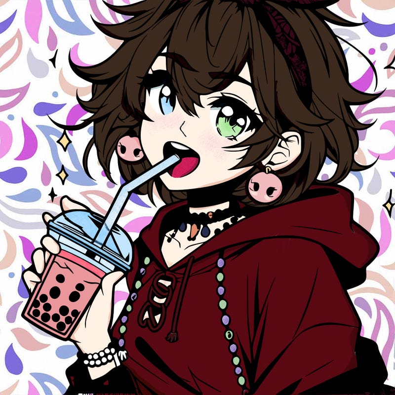 hot baddie anime girl drinking boba and biting the straw