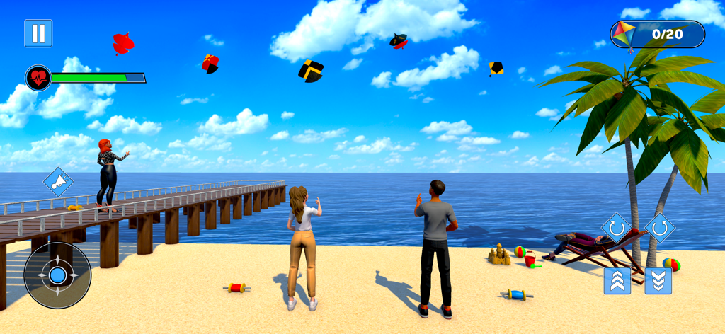 Kite Flying Simulator Games - People flying colorful kites on a sunny beach in a kite simulator game