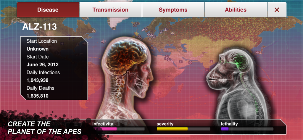 Captura de pantalla del juego de Plague Inc. mostrando las estadísticas de la enfermedad ALZ-113 con imágenes de rayos X de humanos y simios sobre un mapa mundial.