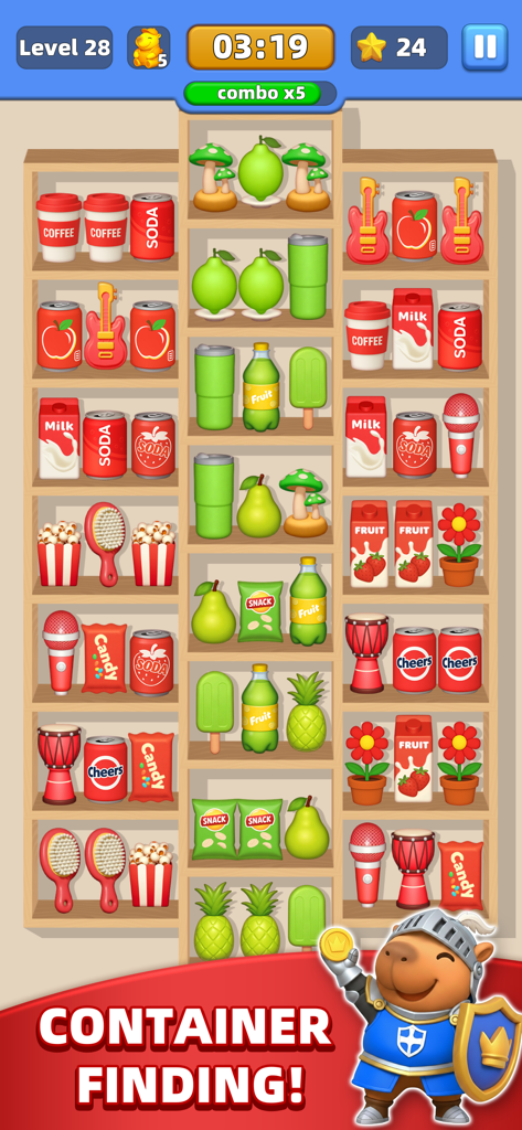 Capy’s Market - Captura de tela da jogabilidade de Capy’s Market mostrando prateleiras cheias de itens de supermercado 3D para um puzzle de combinação e um personagem cavaleiro capivara.