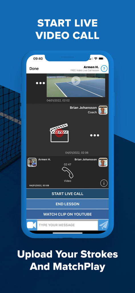 Full Court Tennis - A mobile app interface showing a live video call session between a tennis player and a coach for stroke analysis and match play review.