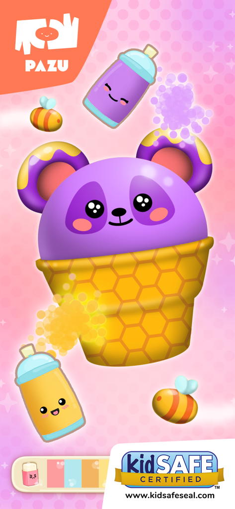 A panda squishy on a honeycomb cone being decorated with spray paint cans