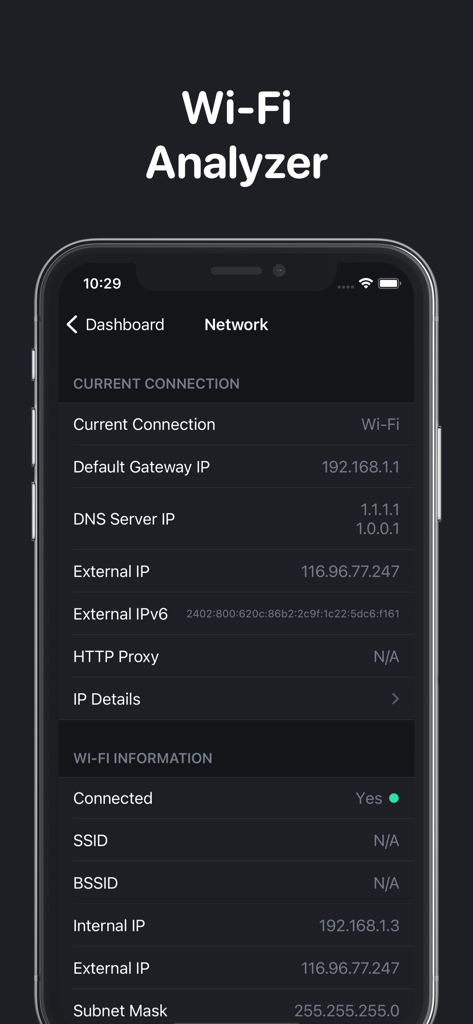 CPU Z app screenshot displaying detailed Wi-Fi analyzer and network connection information