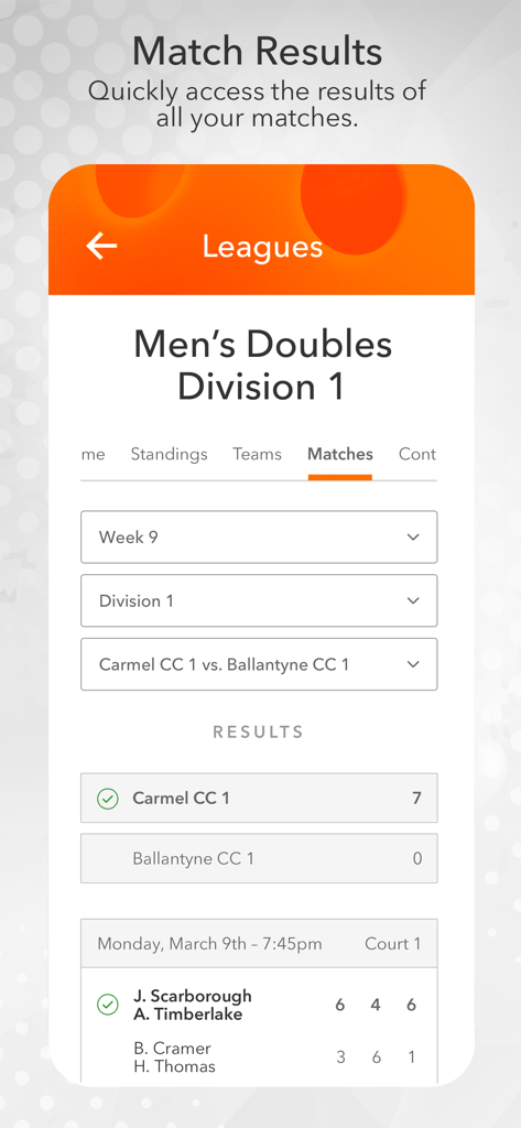 Tenniscores - Interface of the Tenniscores app displaying tennis league match results and scores for men's doubles