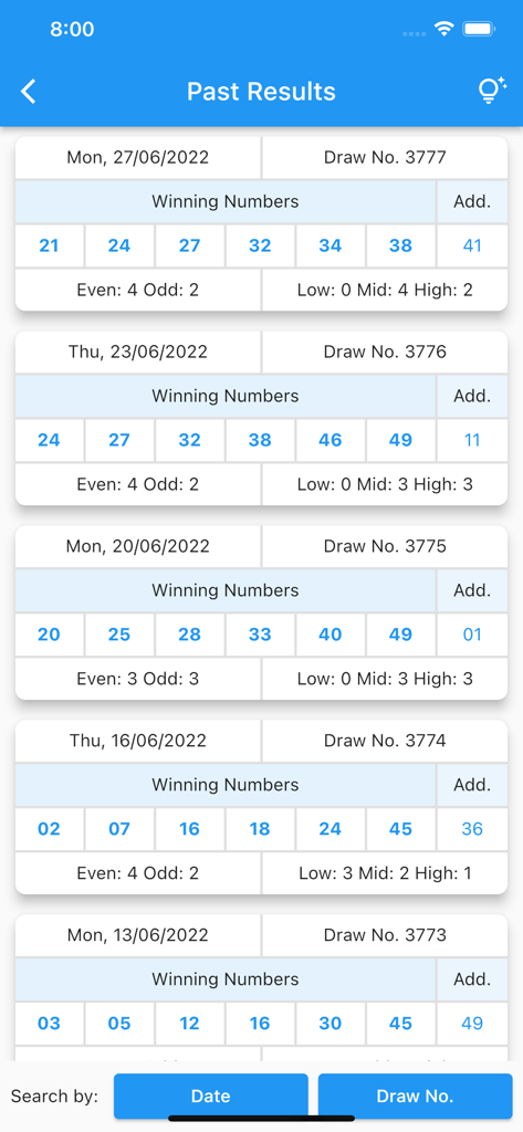 SG Toto Forecast - Screenshot of the SG Toto Forecast app showing past winning lottery numbers and draw statistics like even-odd ratios.