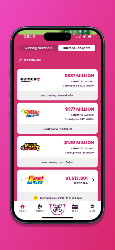 MD Lottery - Maryland Lottery mobile app screen displaying current jackpots for Powerball and Mega Millions