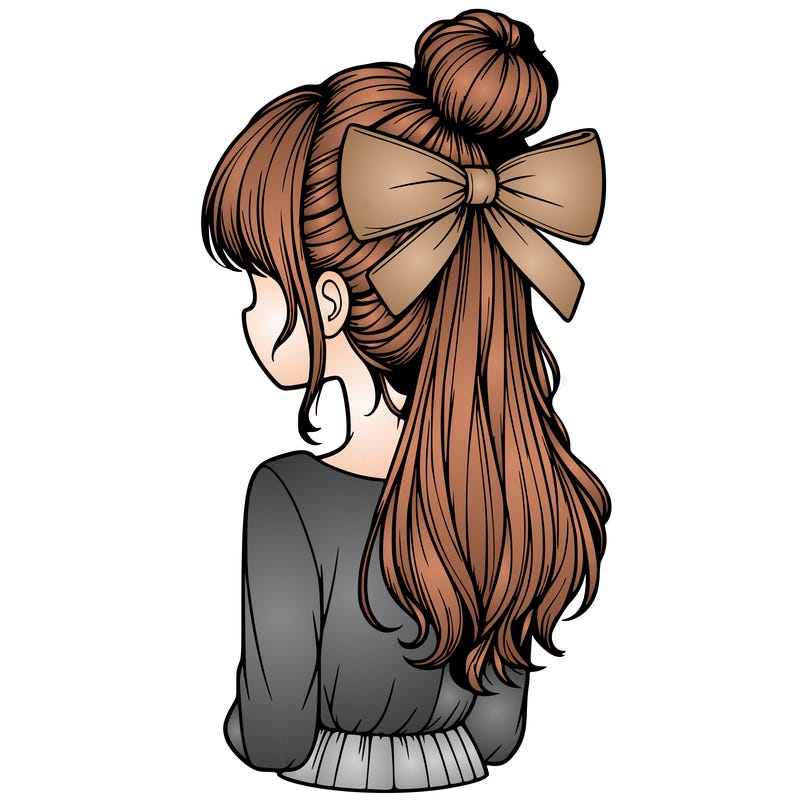 realistic girl  with hip length hair a bun and a big bow on the back of head