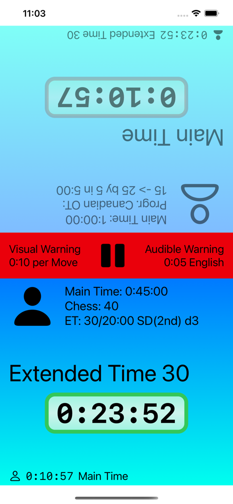 Game Clock (Chess, Go, Shogi) - Interfaz de cronómetro de juego dual para ajedrez y juegos de mesa que muestra temporizadores de pantalla dividida y configuraciones de control de tiempo.