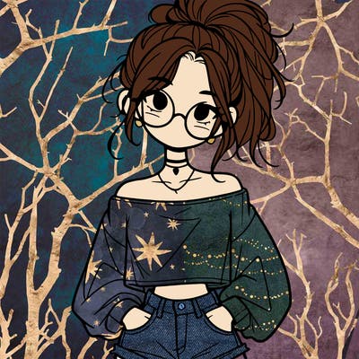 girl with a messy ponytail glasses a baggy crop top and jean shorts