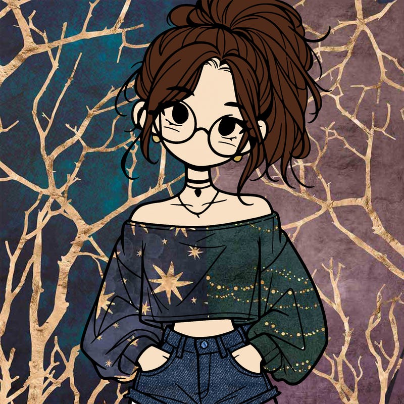 girl with a messy ponytail glasses a baggy crop top and jean shorts